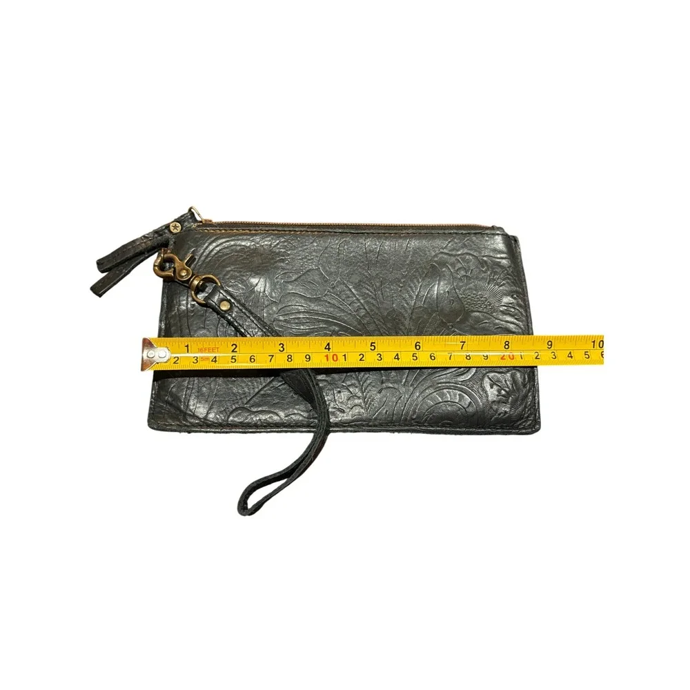 American Leather Co Black Tooled Floral Leather Wristlet Clutch Wallet Bag